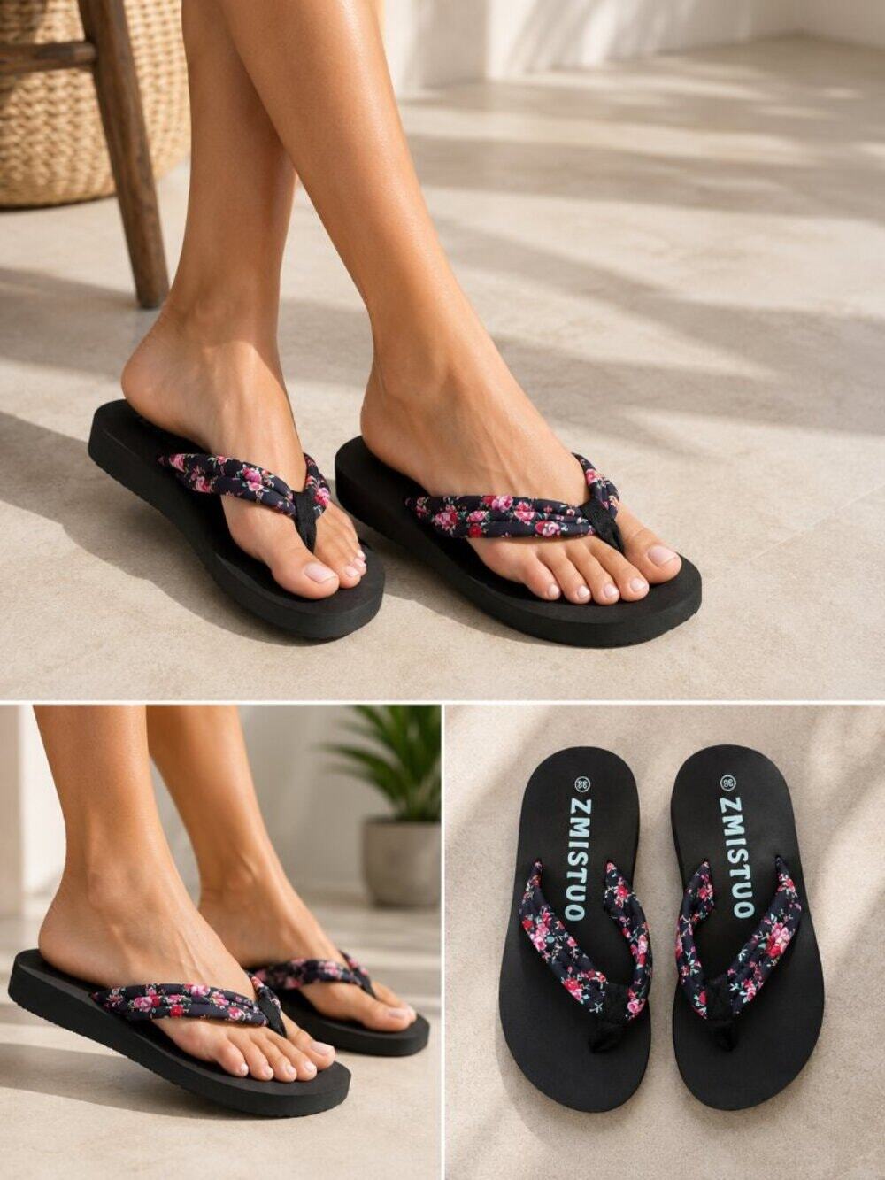 Womens Size 7 (EU 38) Black Floral Flip Flops Casual Summer Sandals